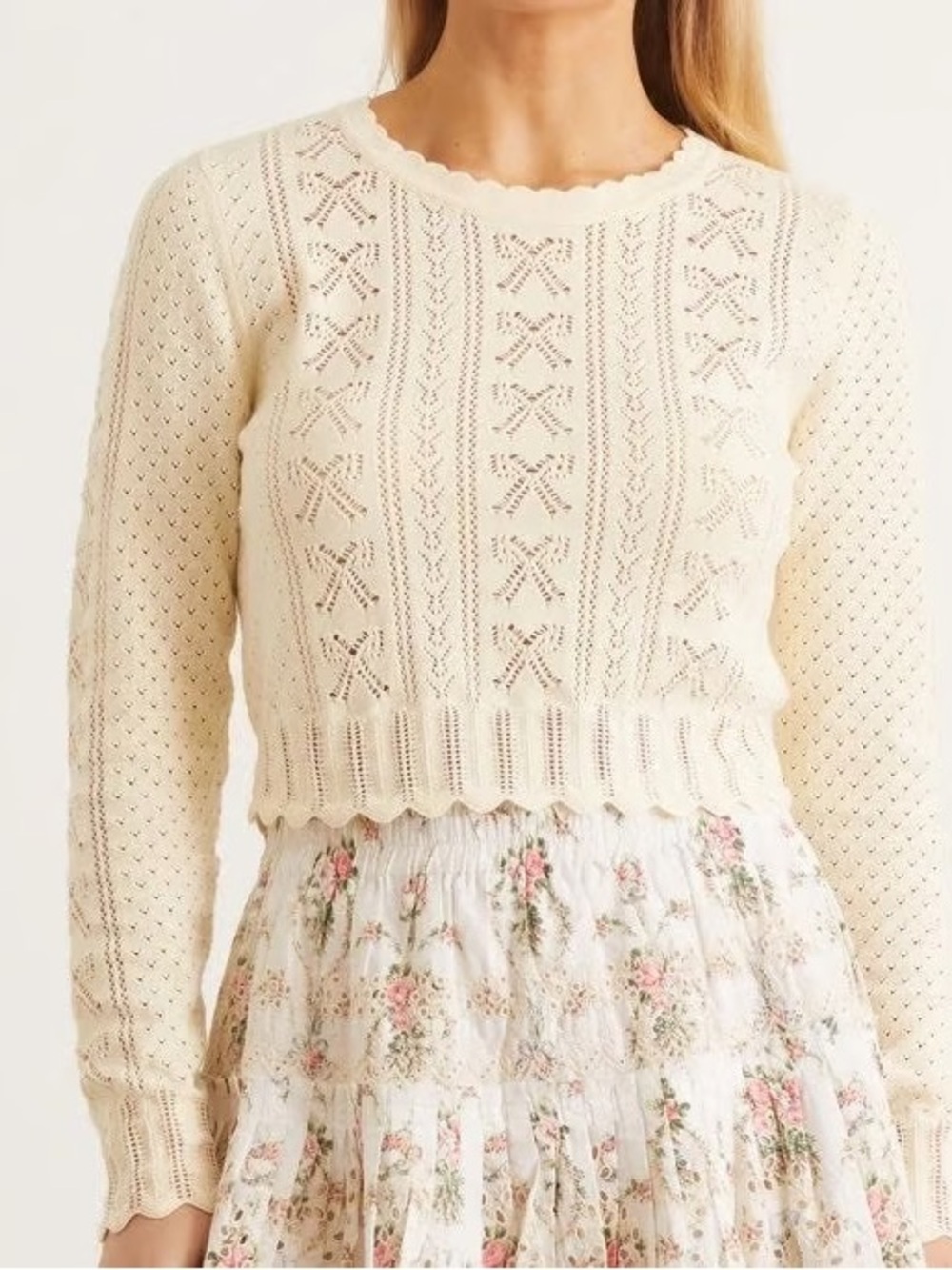 LoveShackFancy Sinfonia Cropped Sweater Cream Pointelle Bow Knit L Coquette Girl